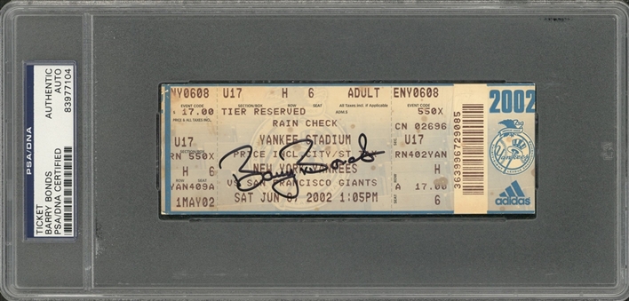 Barry Bonds Signed Yankee Stadium Ticket From 6/8/2002 - Yankees Vs. Giants (PSA/DNA Auth)